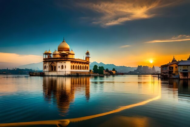 Photo une mosquée sur l'eau avec le soleil couchant derrière elle
