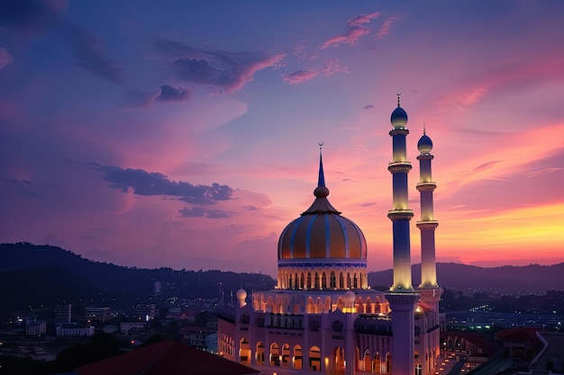 une mosquée éclairée contre un ciel crépusculaire pendant le Ramadan