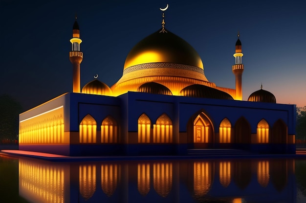 Une mosquée éclairée avec un croissant de lune au milieu.