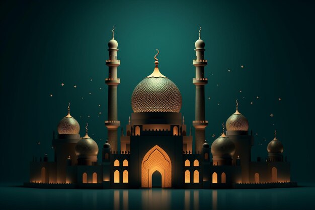 Une mosquée éclairée avec un dôme doré et les lumières sont allumées.