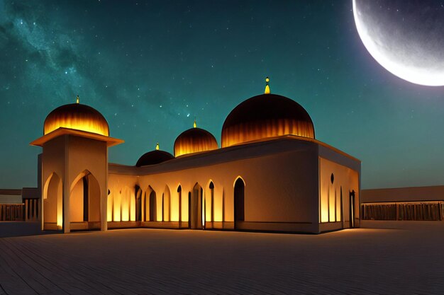 une mosquée éclairée la nuit avec un croissant dans le ciel