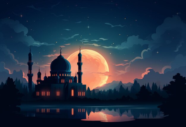 La mosquée éclairée par la lune la nuit.