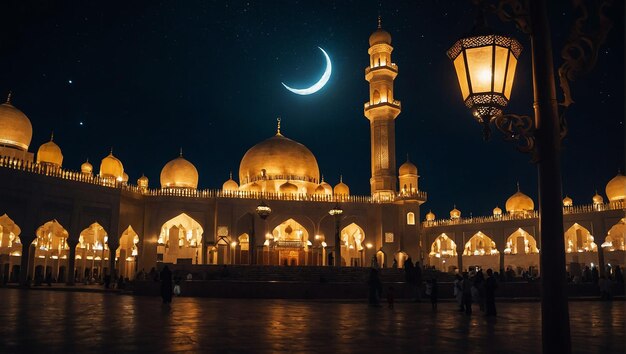 La mosquée d'Eid alfitre Hosni Mubarak et le fond de la lanterne la nuit