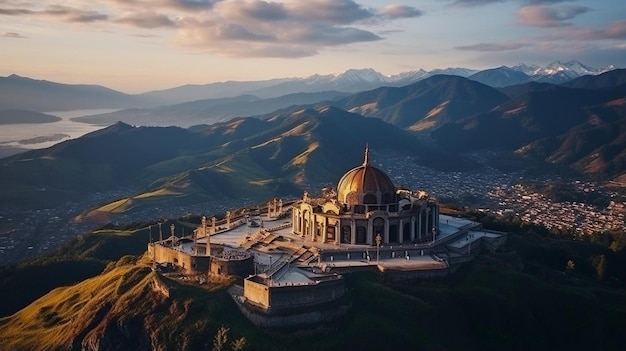 une mosquée est située au sommet d'une montagne avec les montagnes en arrière-plan