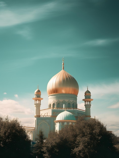 Photo une mosquée est sous un ciel bleu