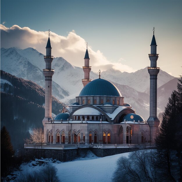 Mosquée avec un fond de sommet de montagne enneigé IA générative