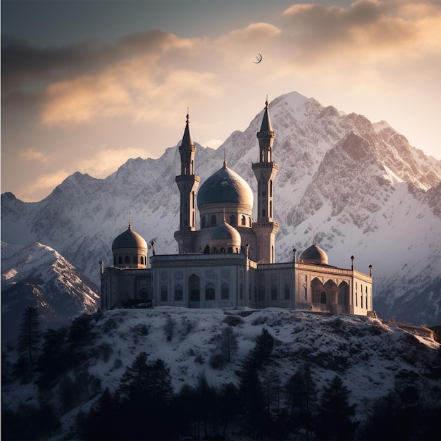 Mosquée avec un fond de sommet de montagne enneigé IA générative