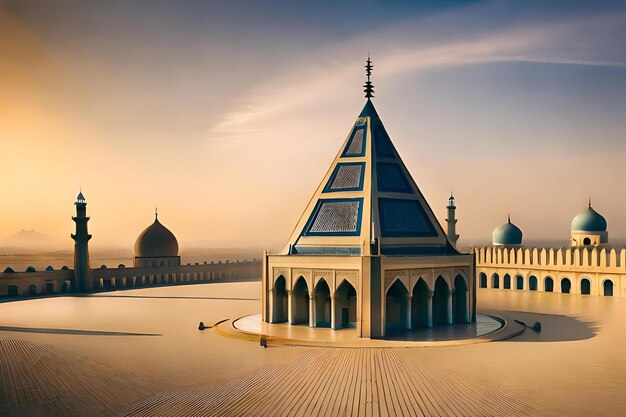 Photo une mosquée avec une fontaine d'eau au premier plan