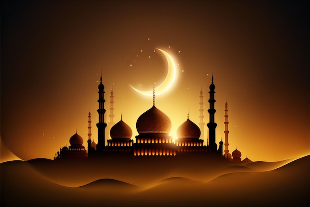 Mosquée islamique ramadan kareem avec lune, salutation Eid mubarak avec technologie générative ai