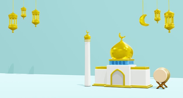 Mosquée islamique de rendu 3D isolée avec tambour Bedug et lanterne dorée sur fond bleu clair