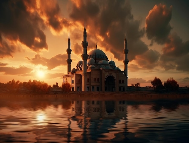 Mosquée islamique spectaculaire scène de coucher de soleil mosquée sur l'eau avec le soleil se couchant derrière elle