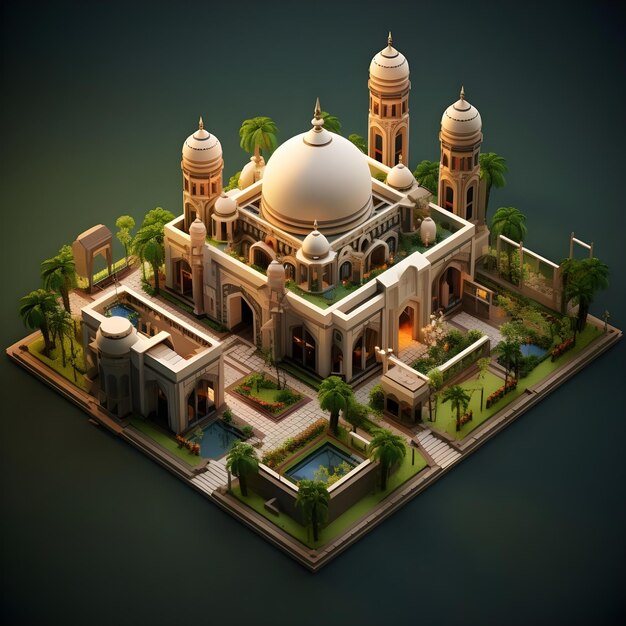 Mosquée islamique en vue isométrique illustration de rendu 3D