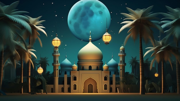 Photo mosquée et lac la nuit il y a une lune et des étoiles le concept de l'aïd et du ramadan généré par l'ia