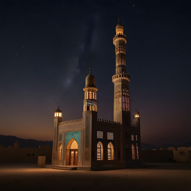 une mosquée avec une lumière bleue sur le dessus