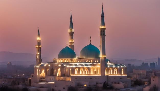 une mosquée avec des lumières dessus