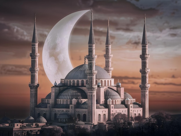 Une mosquée avec une lune en arrière-plan et la lune dans le ciel