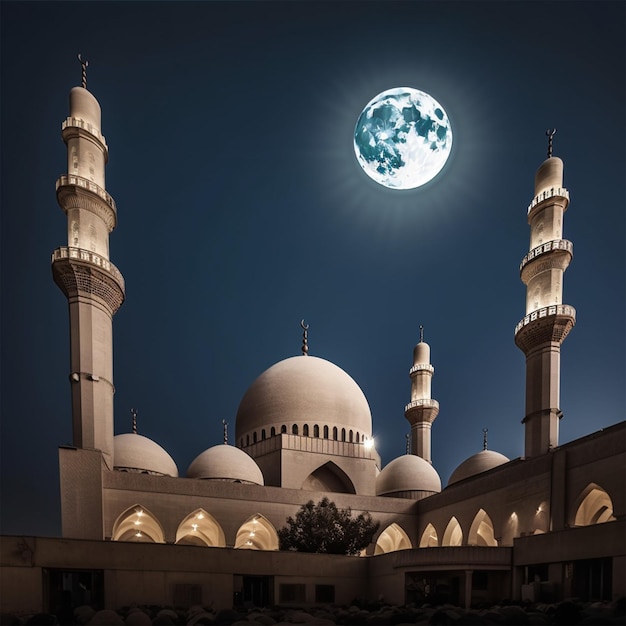 Une mosquée avec une lune en arrière-plan