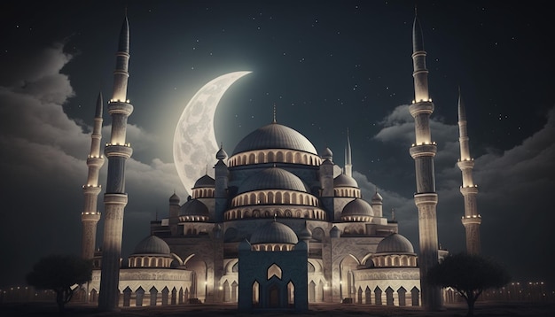 Une mosquée avec une lune en arrière-plan