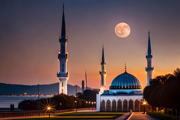 Photo une mosquée avec une lune en arrière-plan