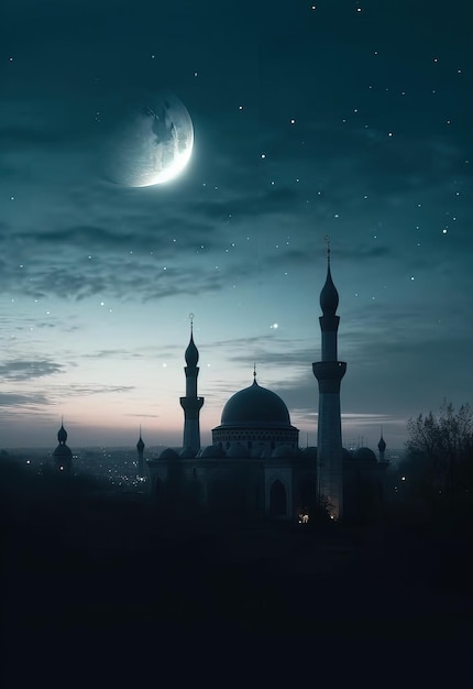 Une mosquée avec la lune en arrière-plan