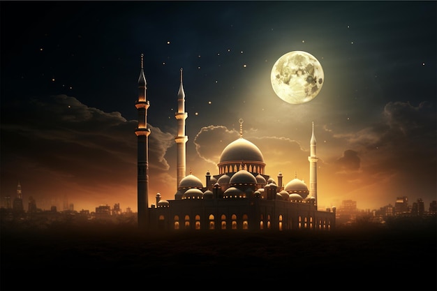 Une mosquée avec une lune en arrière-plan