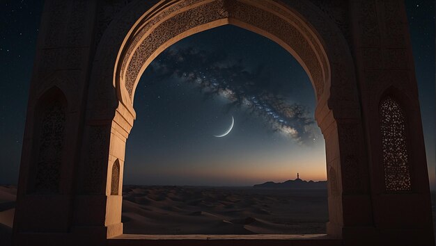 une mosquée avec une lune dans le ciel