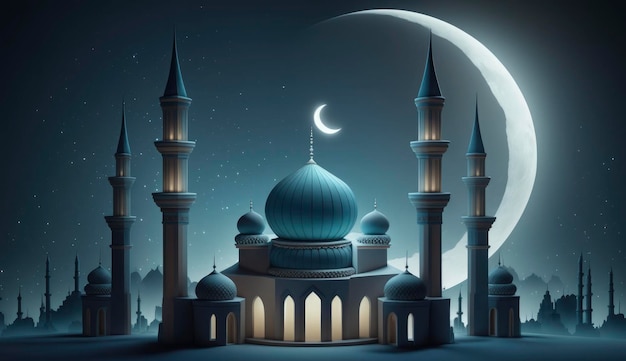 Mosquée et lune fond bleu rendu 3d Générer Ai