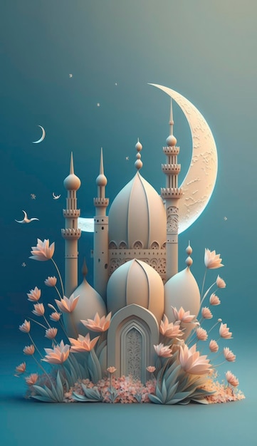 Mosquée et lune sur fond bleu rendu 3d et illustration Générer Ai