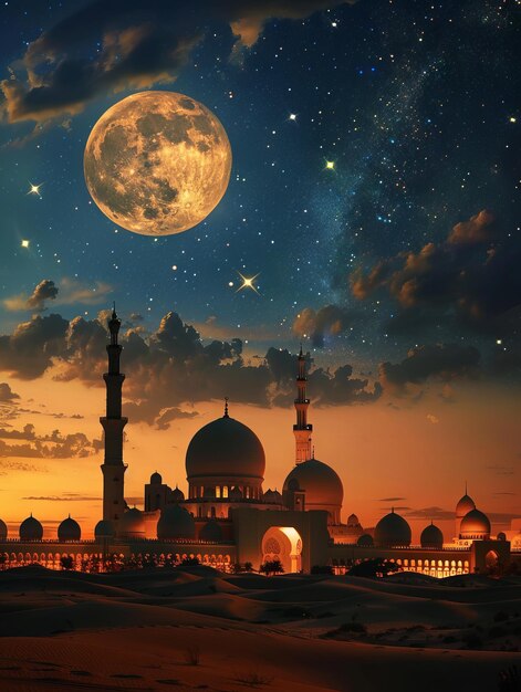 Une mosquée avec une lune pleine dans le ciel