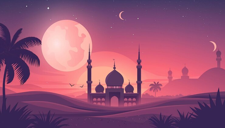 Photo une mosquée avec une lune rose et des palmiers en arrière-plan