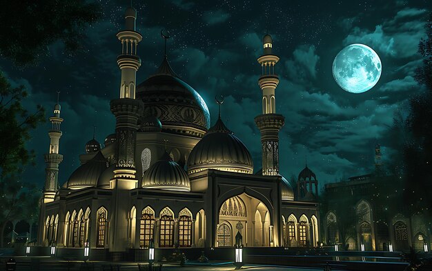 Une mosquée magnifiquement conçue et illuminée par la lune.