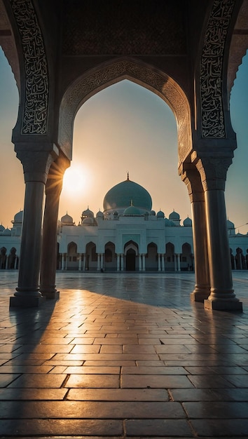 Une mosquée magnifiquement détaillée avec le soleil levant en arrière-plan