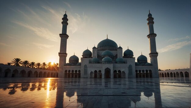 Une mosquée magnifiquement détaillée avec le soleil levant en arrière-plan