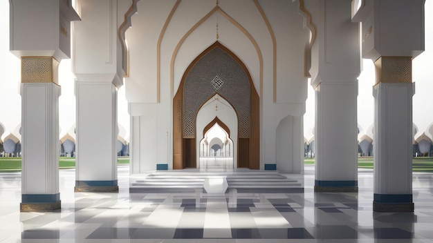 Une mosquée avec un motif blanc et bleu et un sol blanc.