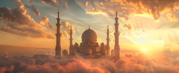 Mosquée sur les nuages au coucher du soleil Belle mosquée dans les nuages Ai généré