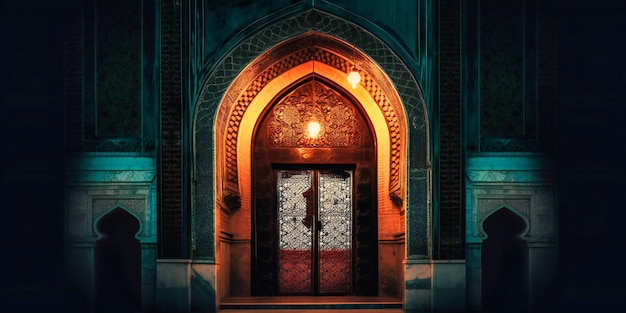 Une mosquée la nuit avec une ancienne porte