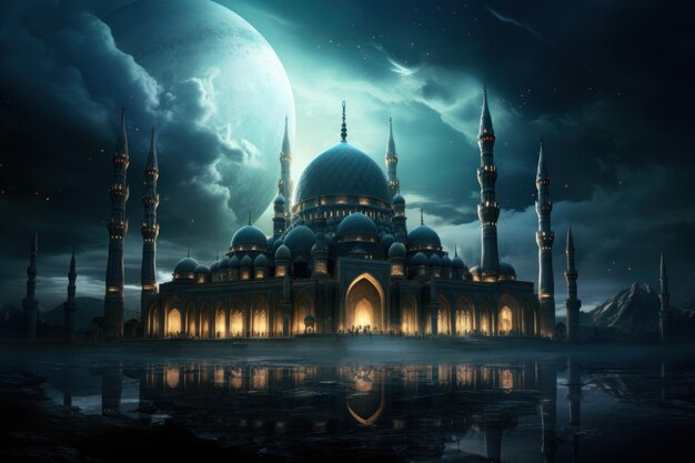 Mosquée la nuit Bâtiment de la mosquée au clair de lune magique Ramadan kareem fond d'écran