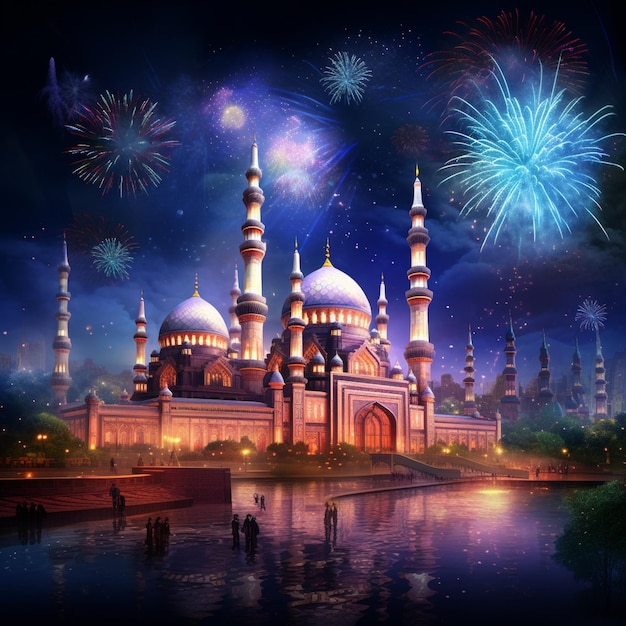 La mosquée la nuit avec des décorations vibrantes et des feux d'artifice