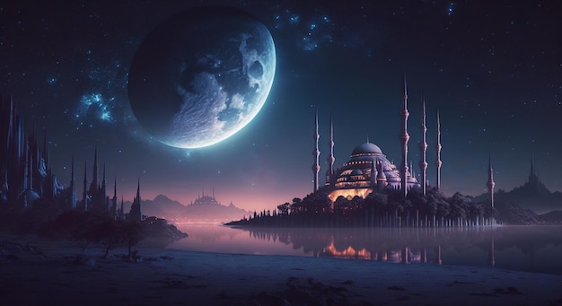 Mosquée de nuit avec lumières et pleine lune Concept d'architecture orientale Ramadan Kareem Generative AI