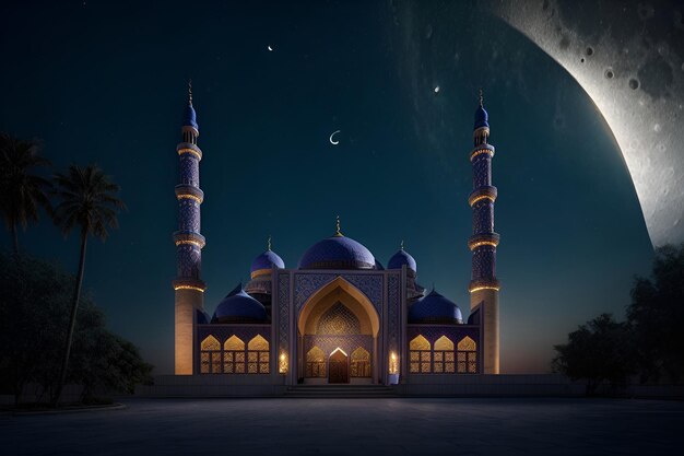 une mosquée la nuit avec une pleine lune dans le ciel