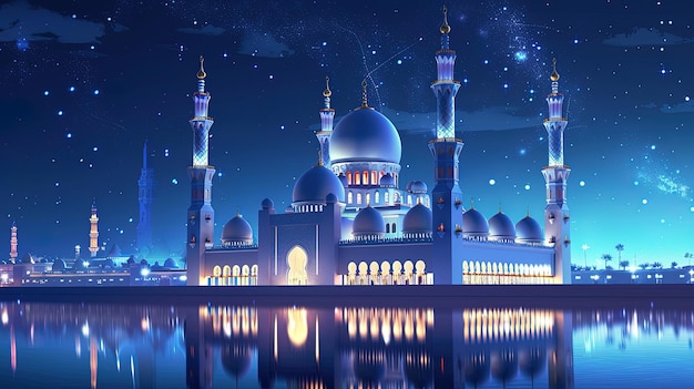 Mosquée la nuit avec réflexion dans l'eau Illustration vectorielle ai générative