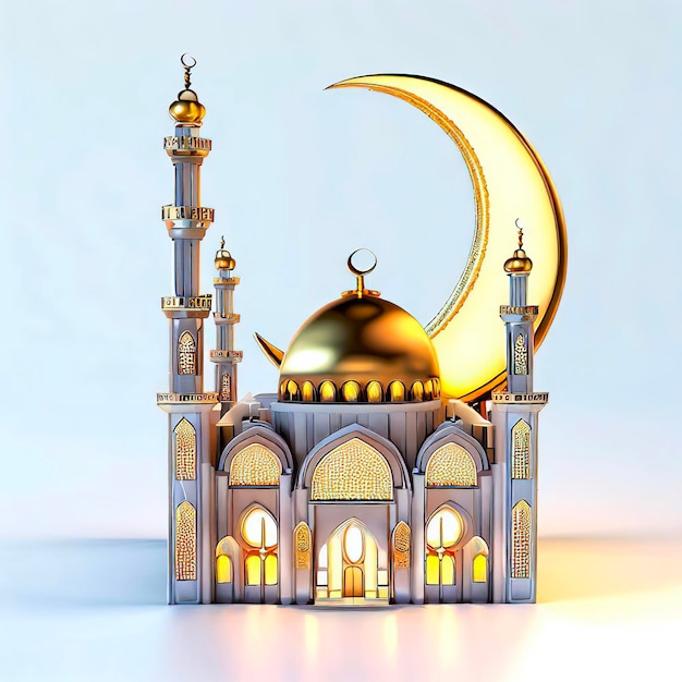 Une mosquée d'or et d'argent avec un croissant de lune au sommet.