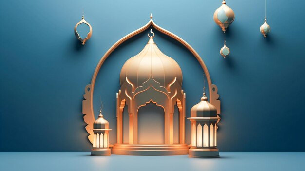 La mosquée d'or avec des lanternes suspendues améliorées par l'intelligence artificielle générative