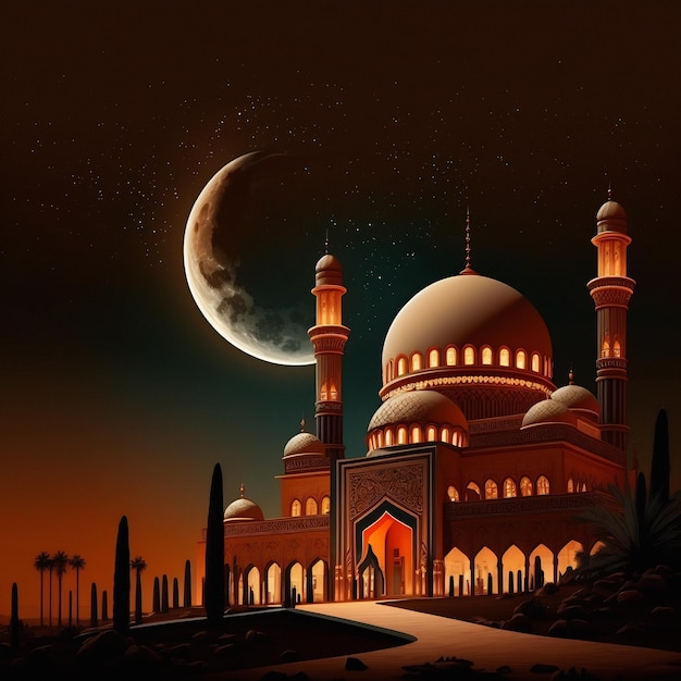 Mosquée avec orange la nuit avec ciel relaxant et récitation de la lune