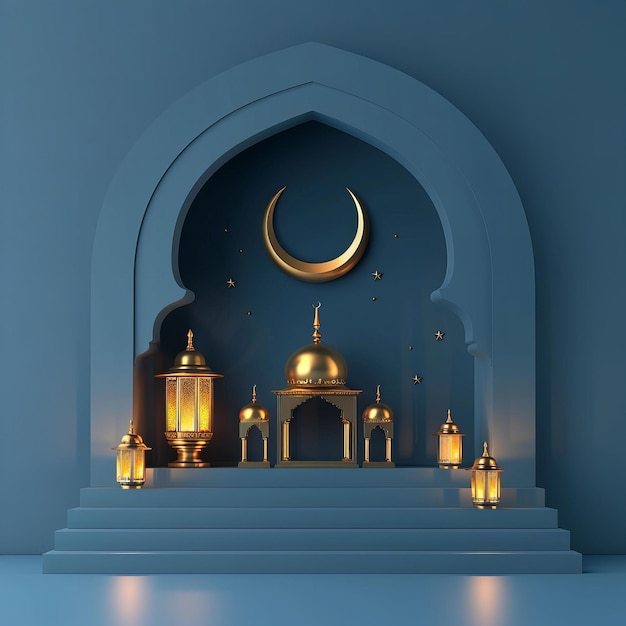 mosquée ornée d'un croissant de lune et d'étoiles sur le Ramadan bleu et concept d'architecture islamique