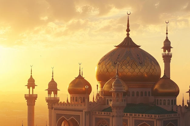 Une mosquée ornée à la lumière dorée du coucher du soleil.