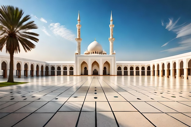 Une mosquée avec un palmier au premier plan.