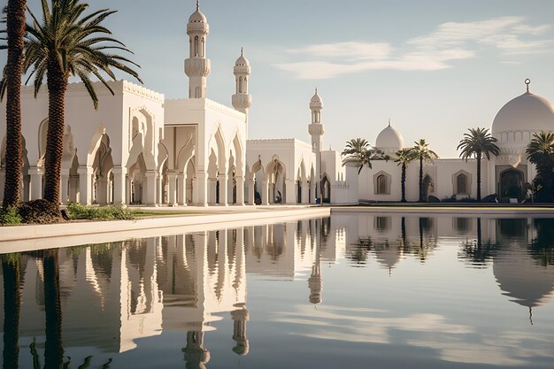 une mosquée avec des palmiers en arrière-plan