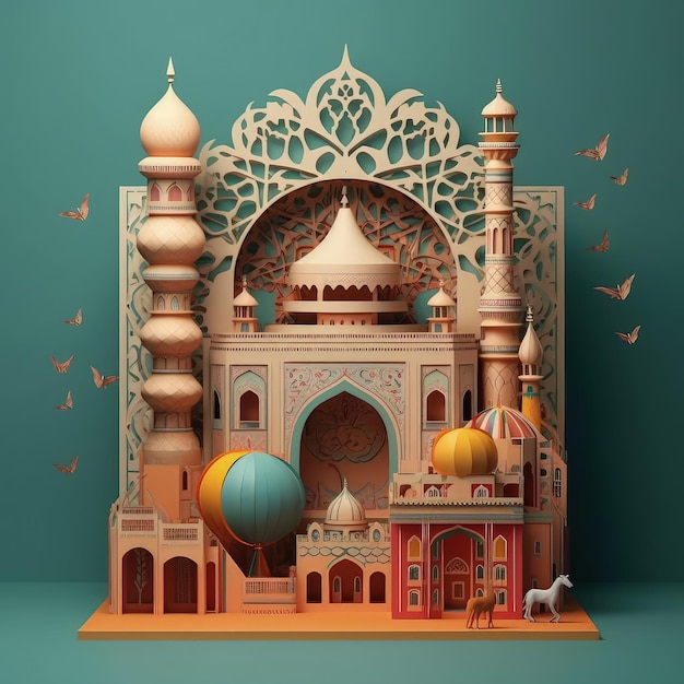 Mosquée en papier Illustration artisanale 3D minimaliste pour l'art islamique Ramadan Kareem Illustration abstraite en papier découpé en 3D