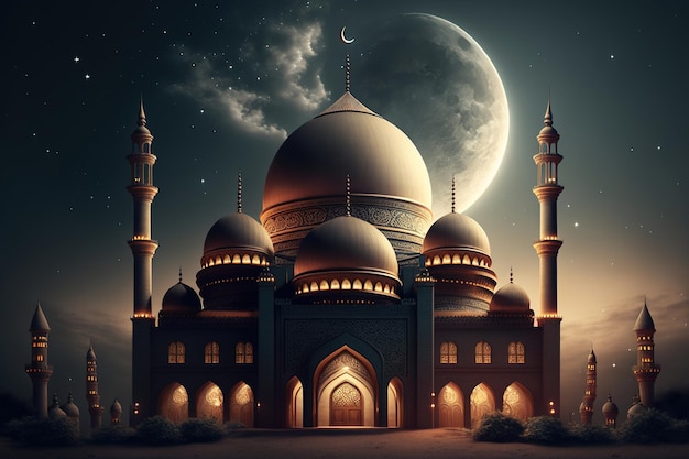 Une mosquée avec une pleine lune en arrière-plan